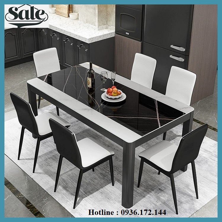 Bàn ăn 6 ghế mặt kính cường lực vân đá - Bộ bàn ăn cao cấp decor phòng ăn gia đình Có Ảnh Thật