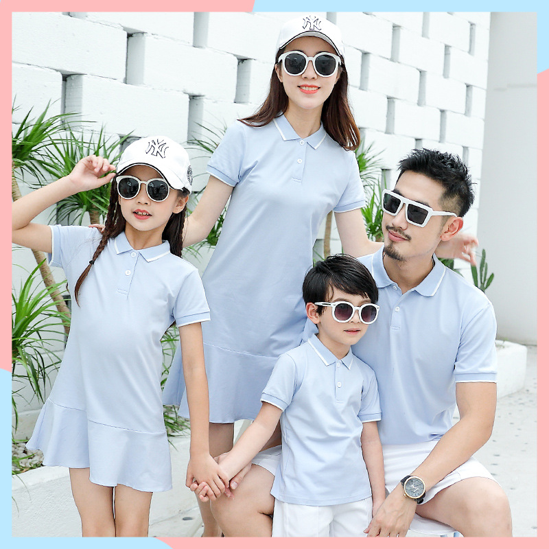 Set áo gia đình Đồ gia đình có cổ POLO áo thun nam và váy nữ màu xanh dương nhẹ đi chơi đi biển du lịch phong cách AG33