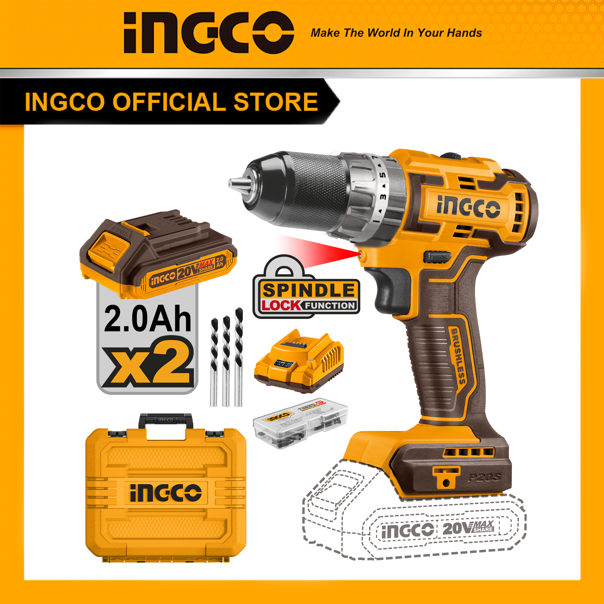 Máy khoan pin không chổi than Ingco CIDLI20608 60NM | CIDLI20605 70NM  kèm 2 pin 1 sạc 47 chiếc phụ kiện & mũi khoan