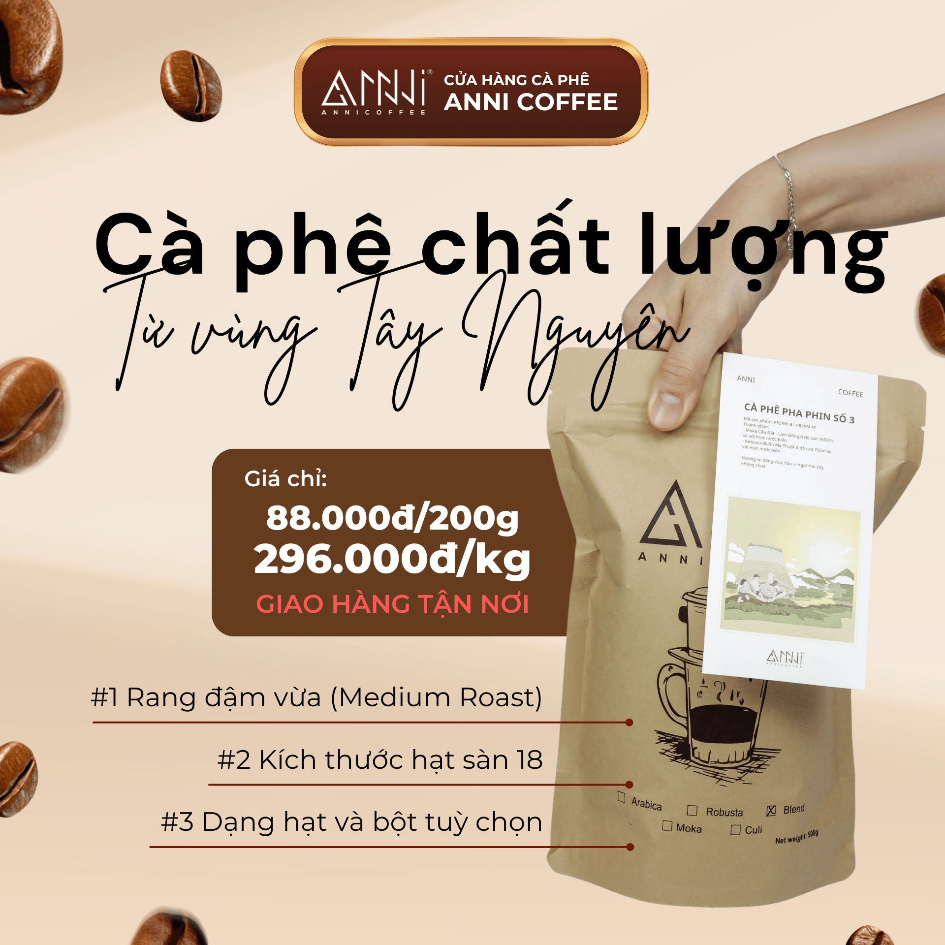 Cà Phê Pha Phin Số 3 Buôn Mê Thuột - Lâm Đồng - ANNI COFFEE - cà phê nguyên chất, gu đậm - phối trộn tỷ lệ 80% cà phê Robusta trộn với 20% cà phê Moka