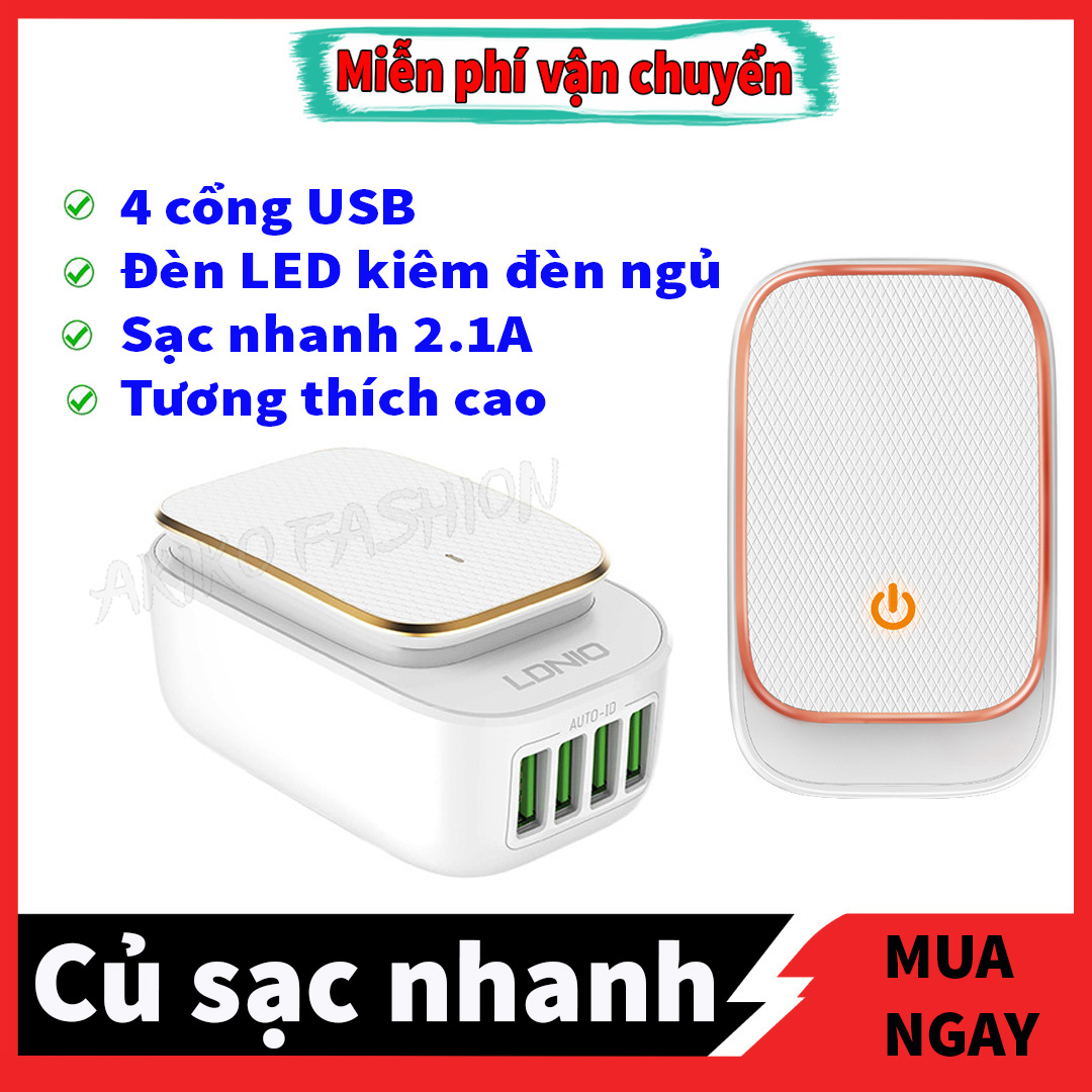 Cốc sạc nhanh LDNIO - Bộ sạc LED đèn ngủ 4 đầu sạc USB sạc nhanh,Sạc tương thích với các dòng máy iphone,samsung,nokia,oppo,xiaomi
