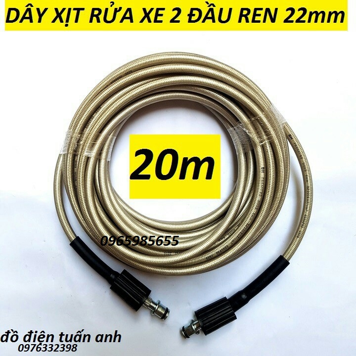 Dây xịt rửa xe áp lực gia đình 20m 2 đầu to bằng nhau / ren 22mm | dây rửa xe mini | ống dây rửa xe | dây rửa xe cho máy rửa xe 20m | dây cao áp cho máy rửa xe | dây áp lực cho máy rửa xe | dây xịt rửa xe áp lực cao | dây rửa xe cao á