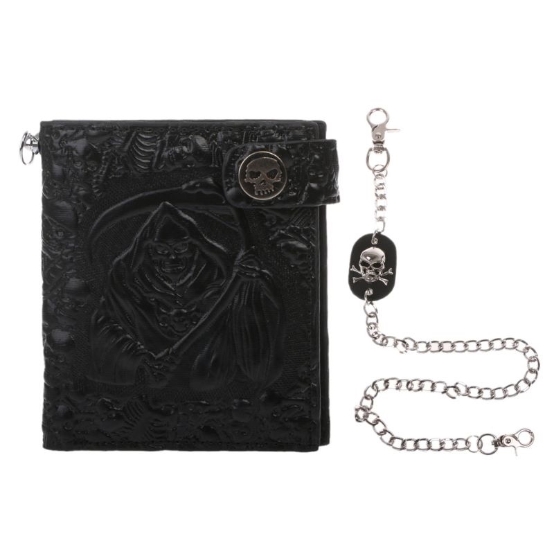 Vintage Skull Leather Wallet With Anti Theft Chain Men Bifold ID Credit Card Holder LX9F