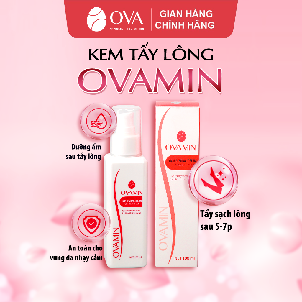 Kem tẩy lông kèm serum Ovamin 100ml tinh chất lô hội, hoa hồng dưỡng da, wax triệt sạch lông nách, lông chân tay, vùng kín bikini cho nam và nữ an toàn và không gây kích ứng da.
