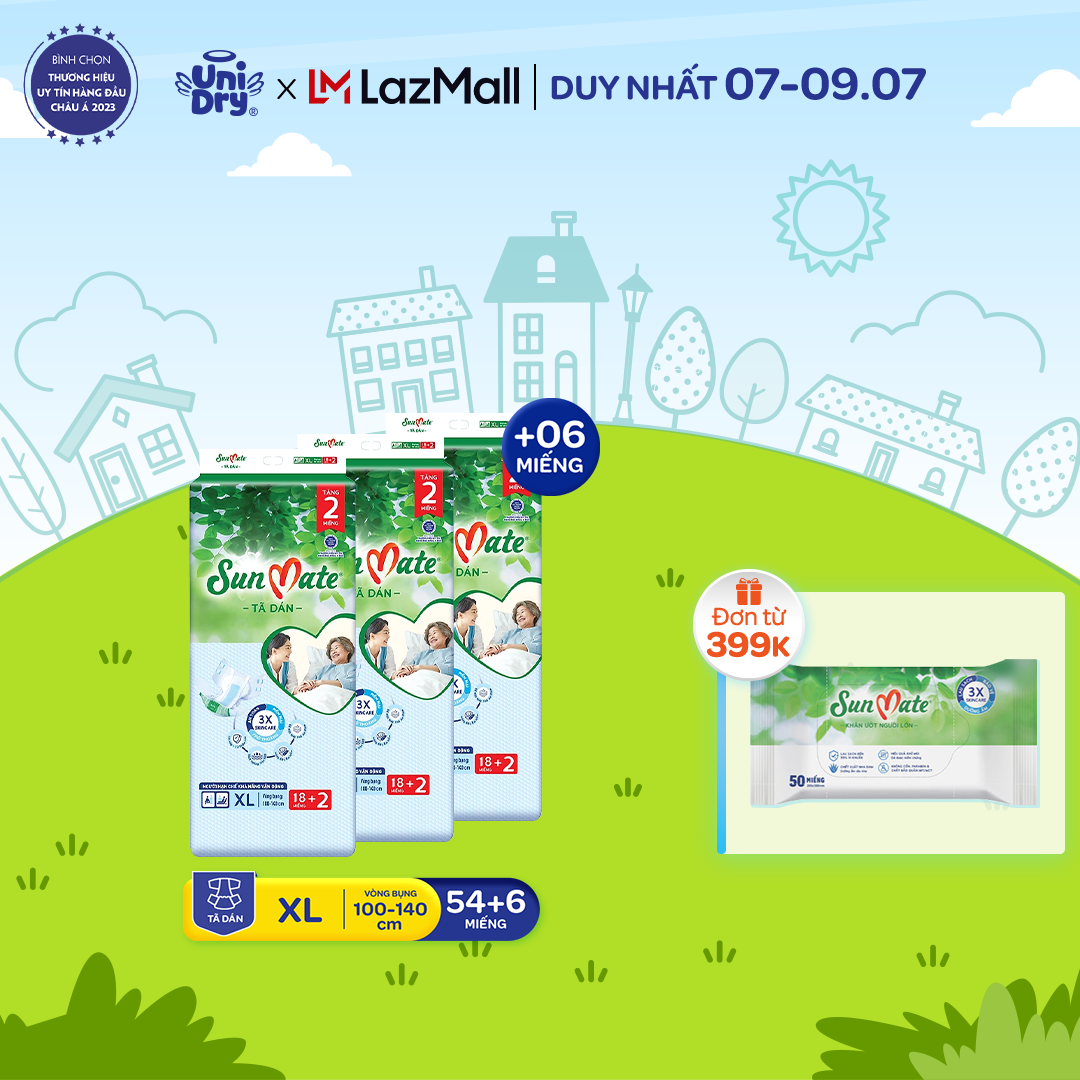 Combo 3 tã dán người lớn sunmate size m18/l18/xl18 + 2 miếng