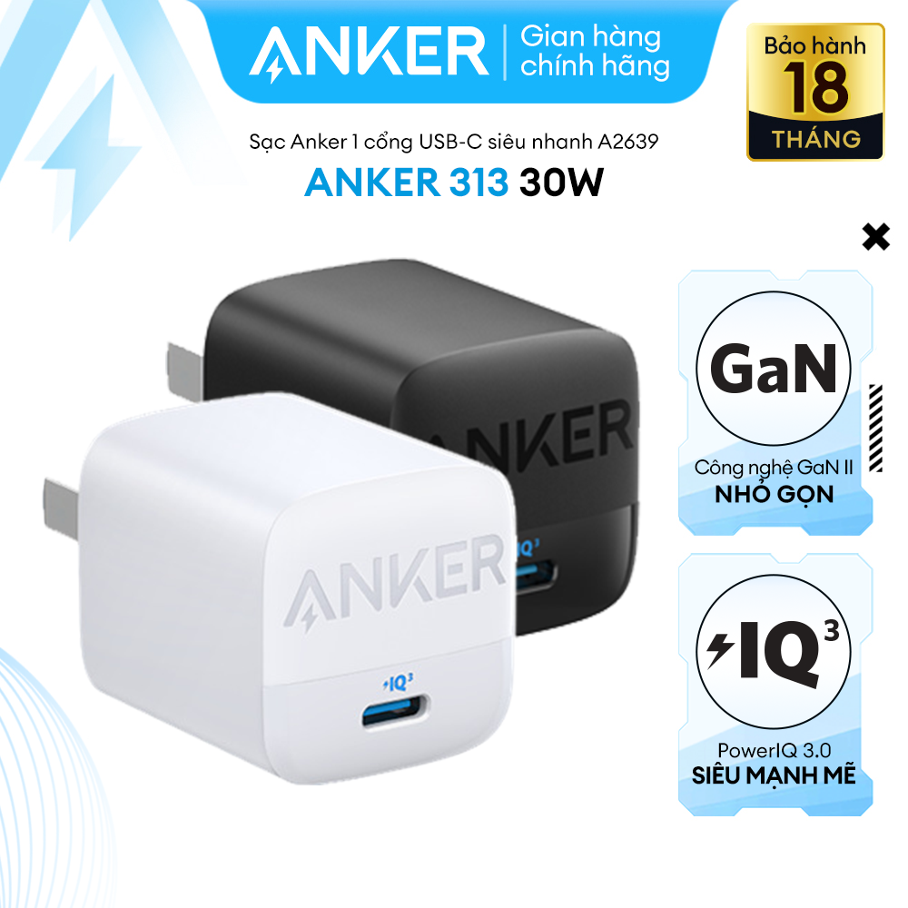 Sạc ANKER 313 GEN 2 30W 1 cổng USB-C PiQ 3.0 tương thích PD - A2639 - Hỗ trợ sạc nhanh từ iPhone 8 Series trở lên