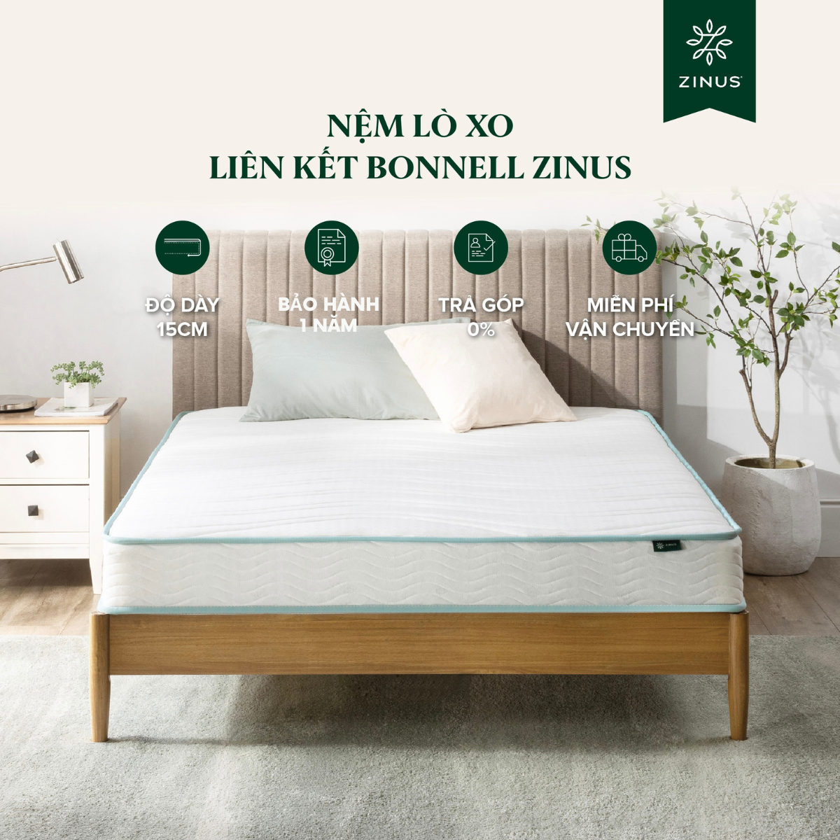 [Trả góp 0%]  Nệm Lò Xo Liên Kết Cao Su Dày  Zinus - Bonnell Spring Mattress