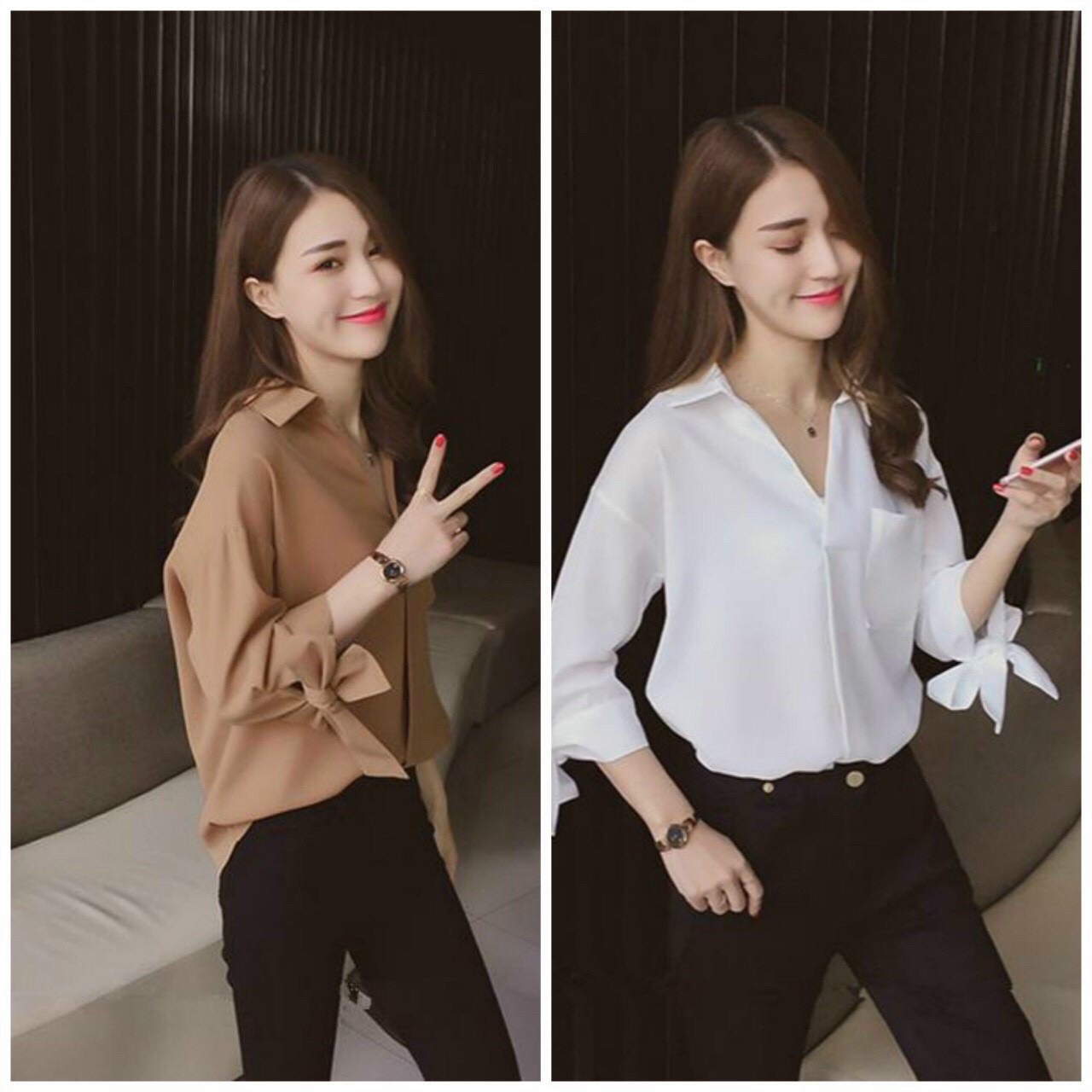 Áo sơ mi kiểu nữ cột nơ tay