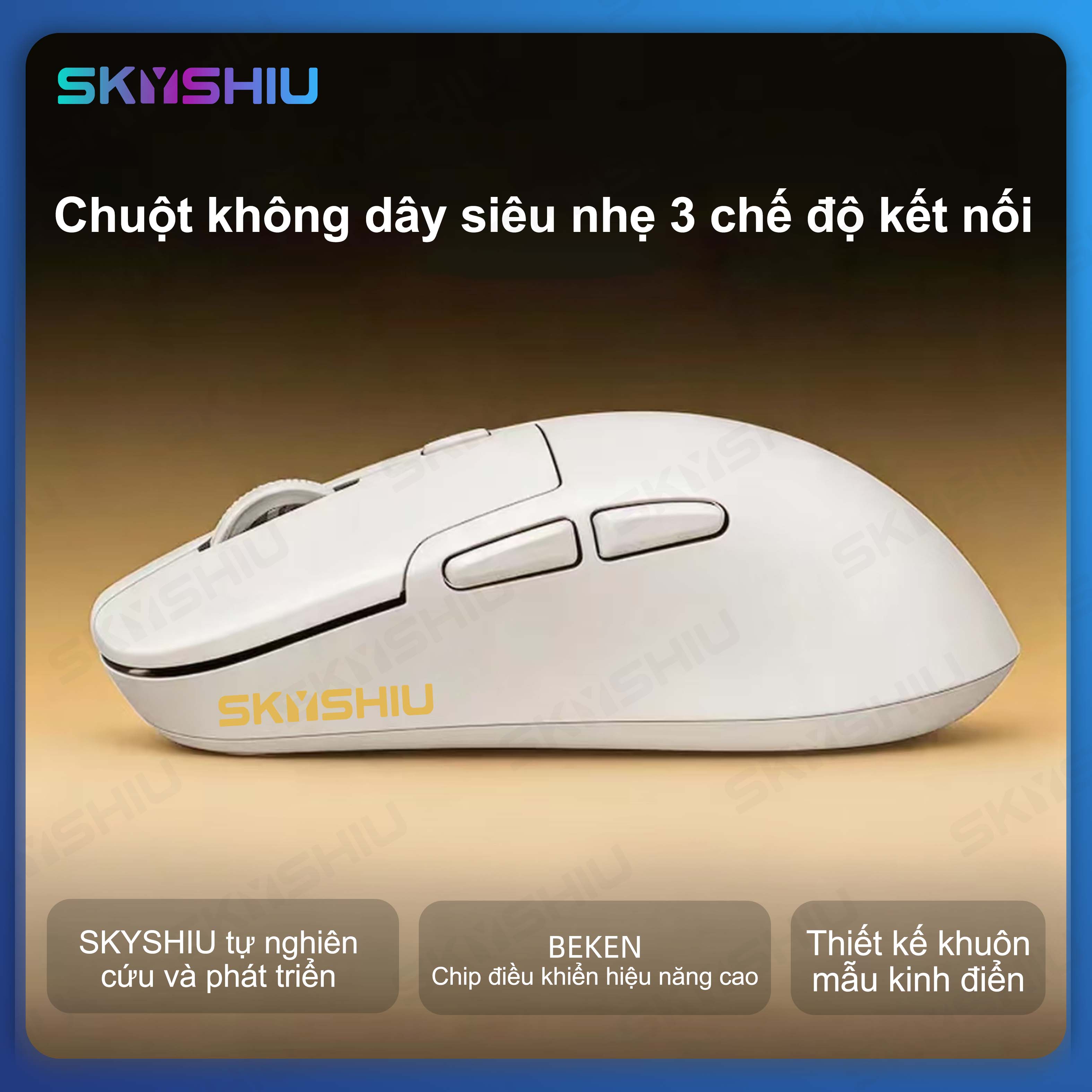SKYSHIU Chuột chơi game không dây G10, 3 chế độ kết nối - Cảm biến siêu mượt 12000 DPI, được thiết kế dành cho game thủ.