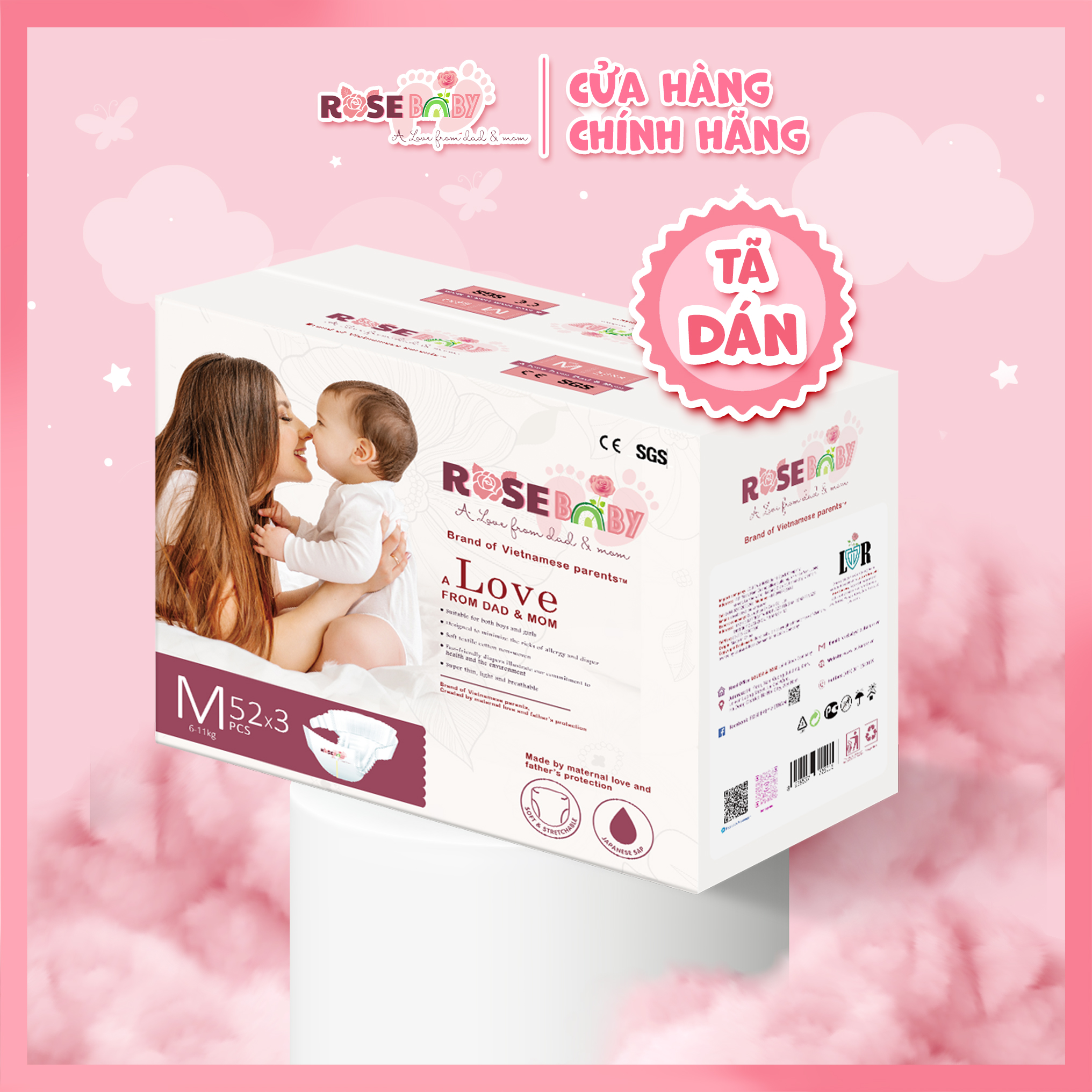 Thùng Tã Dán ROSE BABY Size M (156 miếng)