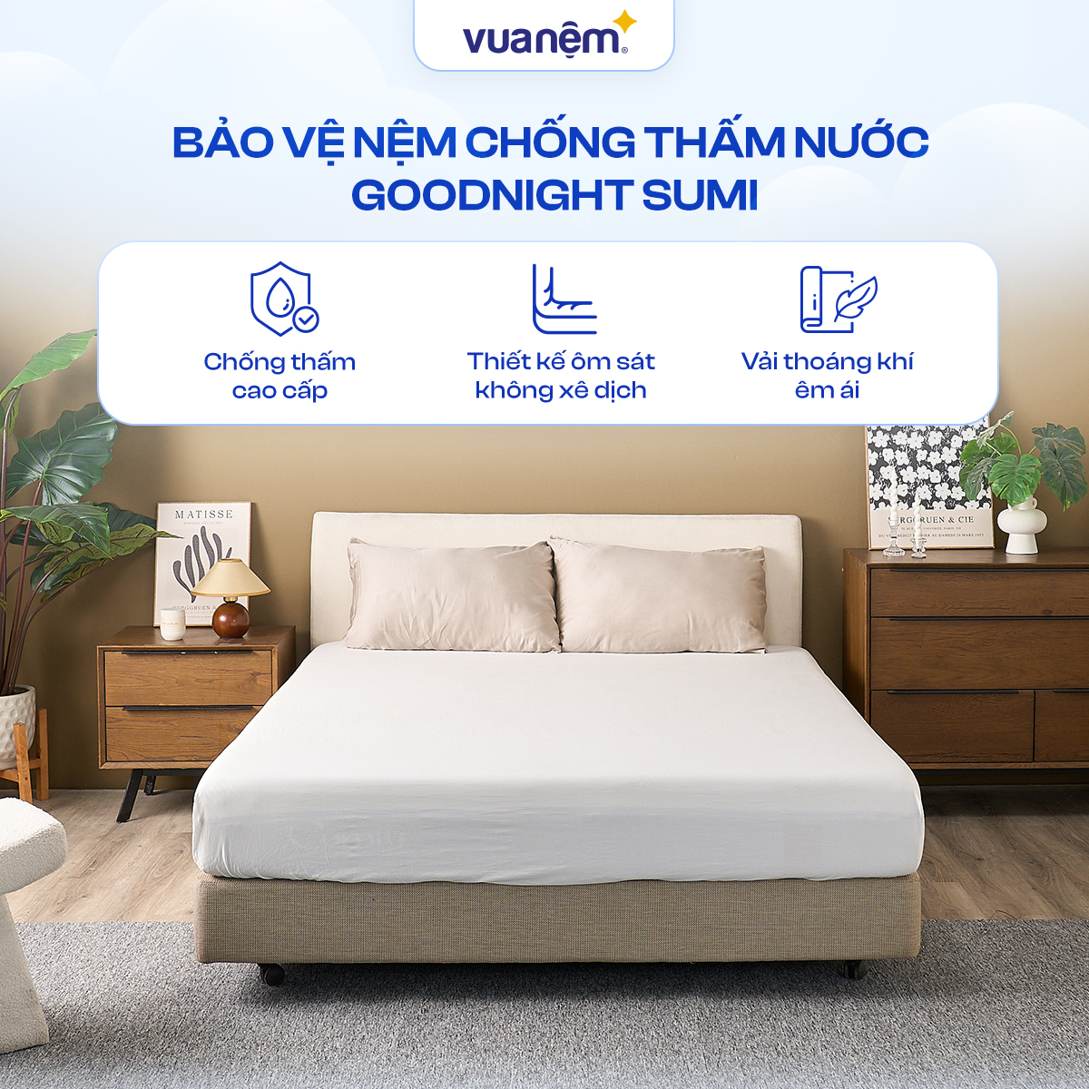 Ga Chống Thấm Vua Nệm Goodnight Sumi, Ga Giường Chống Thấm Phủ TPU Kháng Nước, Tăng Tuổi Thọ Nệm Của Bạn