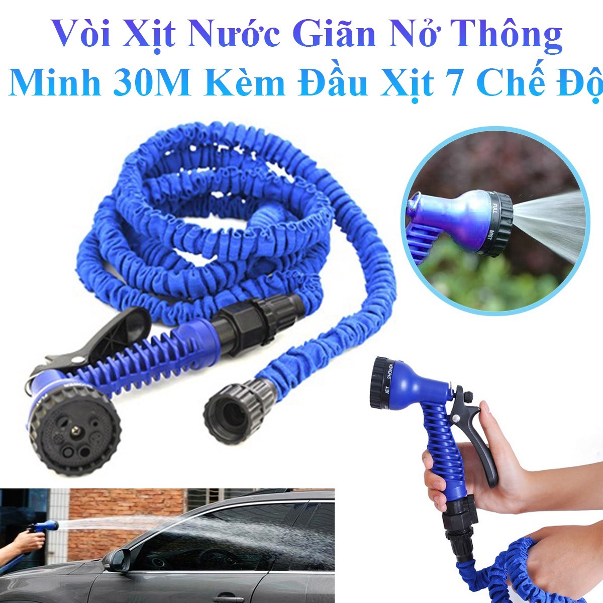 Vòi xịt nước giãn nở thông minh 30m kèm đầu xịt 7 chế độ