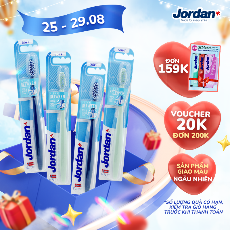 Combo 4 Bàn chải đánh răng Jordan Clean Between, Lông siêu mềm siêu mảnh 0.01mm