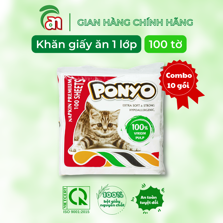 Combo 10 gói khăn giấy ăn vuông dai, mịn, không bụi ponyo 1 lớp khổ 33 cm gói 100 tờ - thiên an nam paper