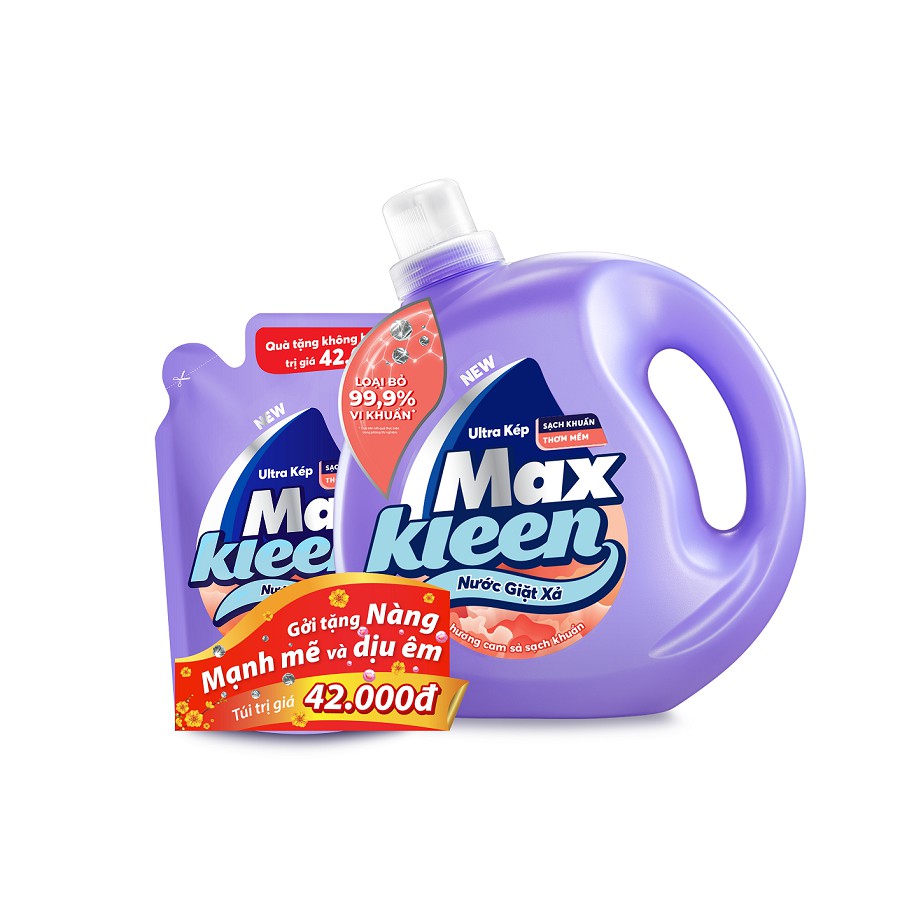 Chai Nước Giặt Xả Maxkleen Hương Cam sả 2.4kg tặng túi 600g