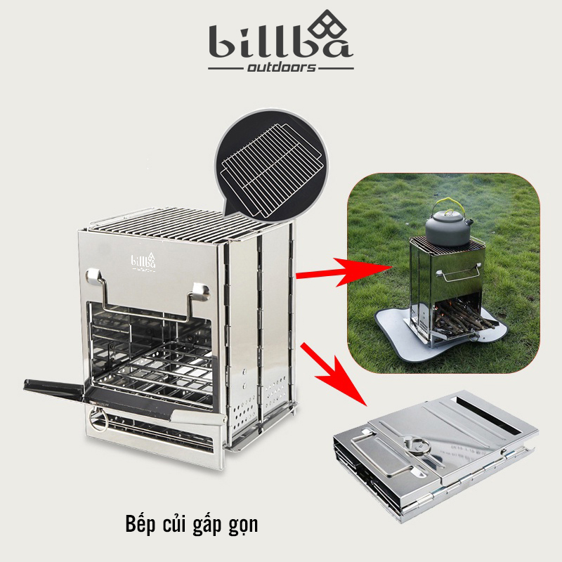 Bếp củi dã ngoại gấp gọn cắm trại. Bếp lò đốt củi bằng thép không gỉ inox 304 có thể xếp gọn dã ngoại BB4415- Billba outdoors
