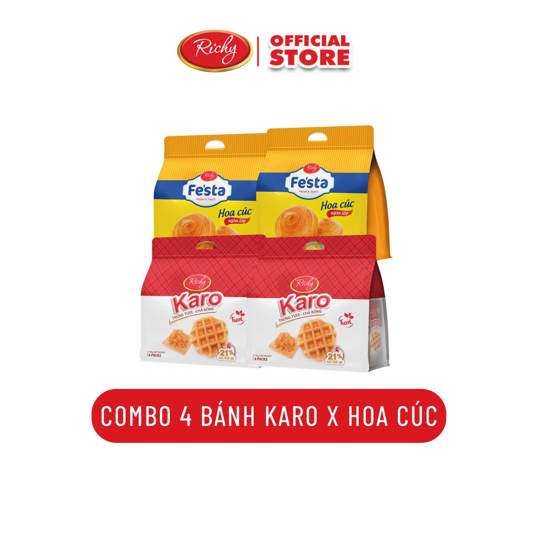 Combo ăn sáng mix 3 vị, Bánh Karo sợi gà, Bánh Karo hoàng kim phô mai mix Bánh mì hoa cúc tươi ngàn lớp Fe'sta Richy - HSD 35-45 ngày, KH cân nhắc khi mua SL lớn