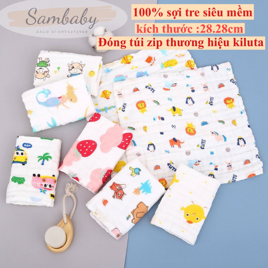 [HCM]Khăn sữa xô sợi tre 6 lớp set 5 cái siêu mềm thấm hút túi zip Kiluta Chính HÃng