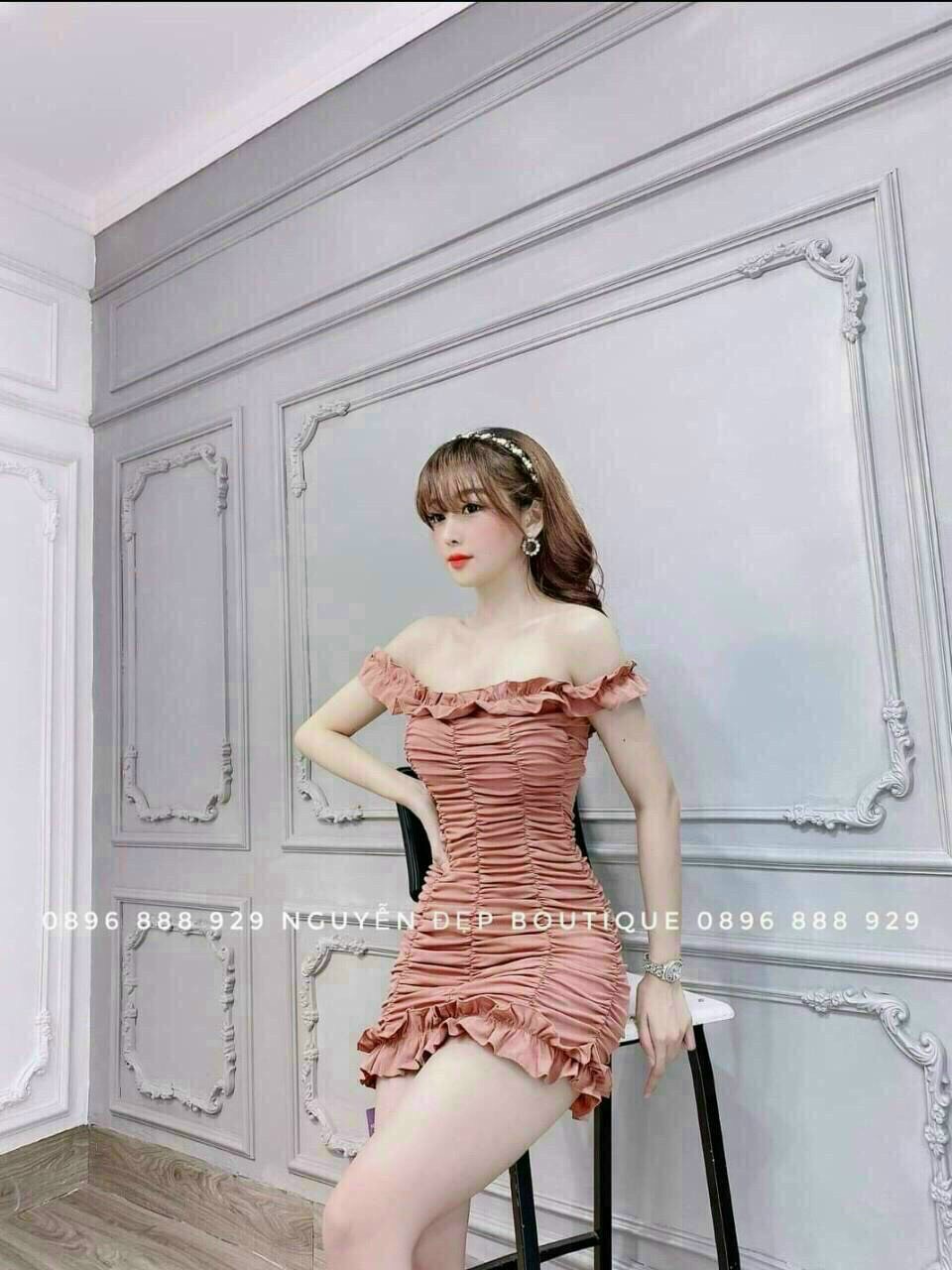 Đầm nữ đầm body trễ vai nhún 2 bên thân