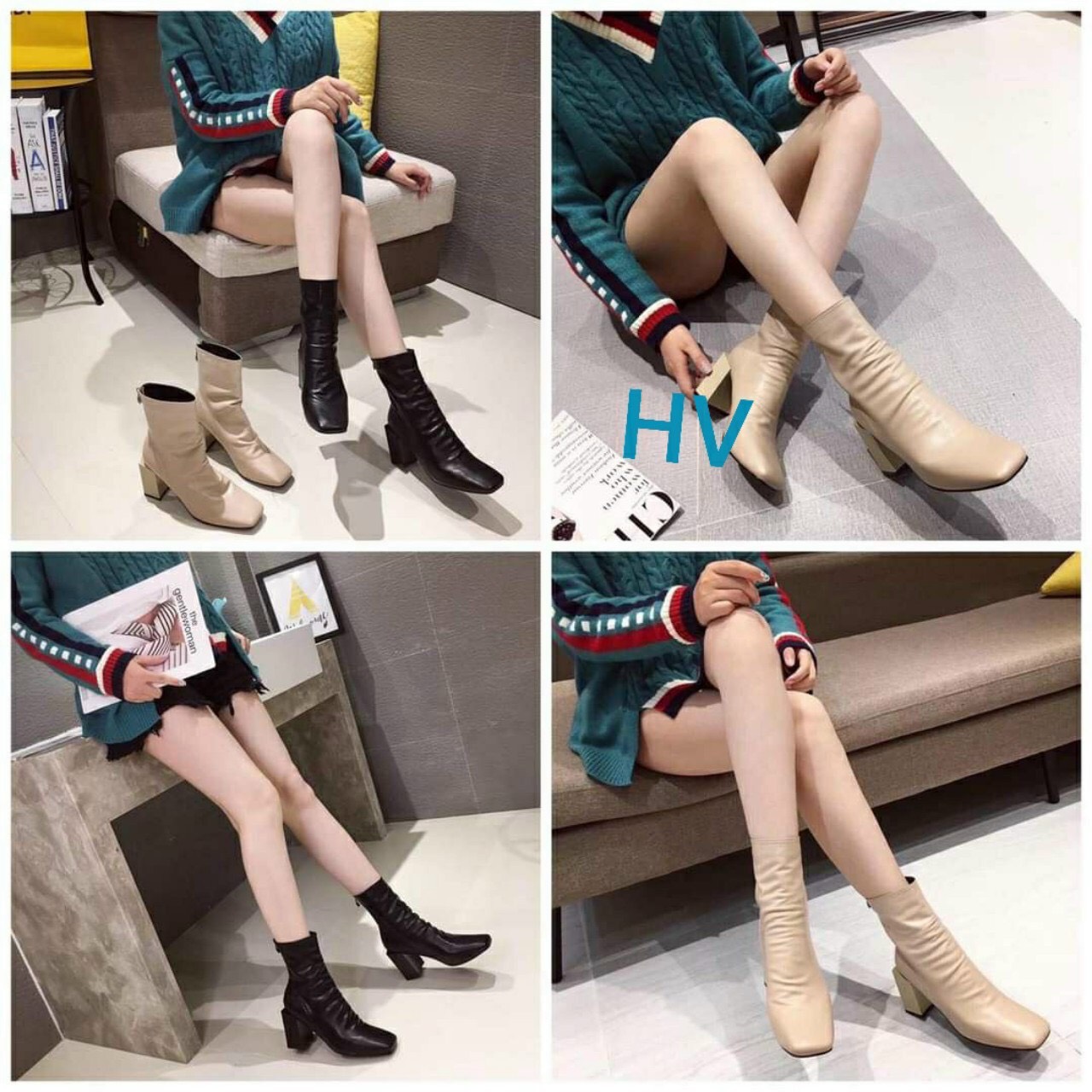 Bốt nhún da lì gót kiểu 7p Đen - Nâu tây