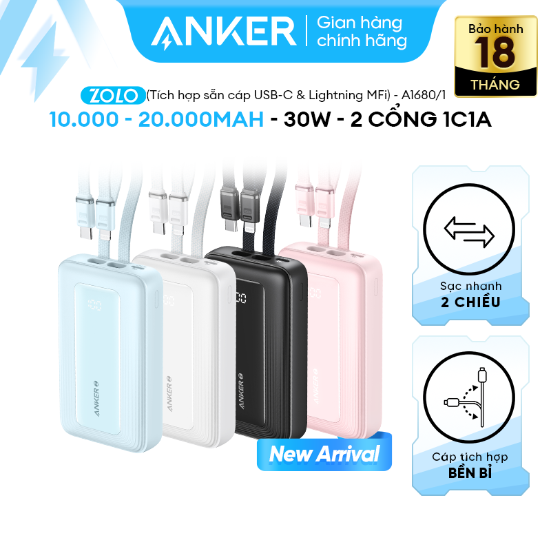Pin sạc dự phòng Anker Zolo (Tích hợp sẵn cáp USB-C&L) 10K/20KmAh - 30W - 2 cổng 1C1A - A1680/A1681