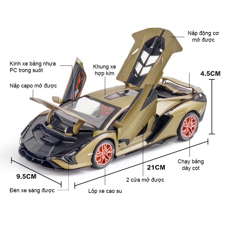Mô hình xe ô tô Lamborghini Sián FKP 37 tỷ lệ 1:24 khung hợp kim có đèn âm  thanh mô phỏng 