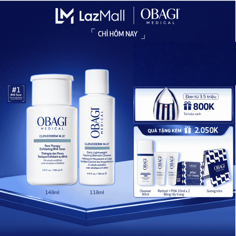 [Phiên bản mới] Bộ đôi dưỡng da Toner BHA làm sạch mụn và tẩy tế bào chết và Sữa rửa mặt Obagi Medical Clenziderm M.D (148ml  118ml)