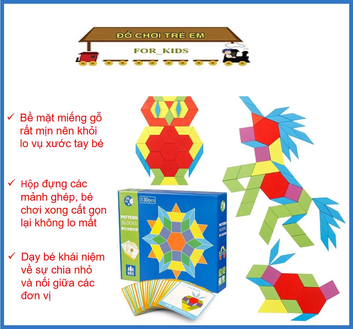 Bộ ghép hình đồ chơi gỗ cho bé, Giáo cụ Montessori Ghép hình tư duy Pattern block, 130 chi tiết và 24 thẻ