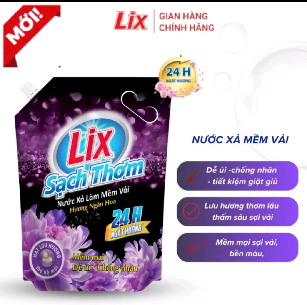 (Xả túi 2.2 lít) Nước xả làm mềm vải Lix sạch thơm hương ngàn hoa túi 2,2L