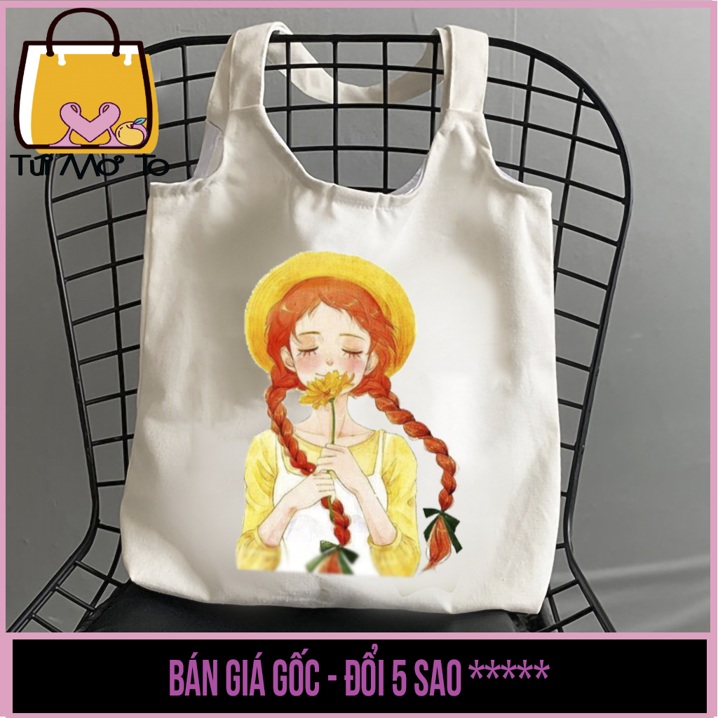 Túi tote Túi vải Túi canvas quai tròn có khóa kéo in hình cô gái hoa mặt trời - Túi Mơ To store