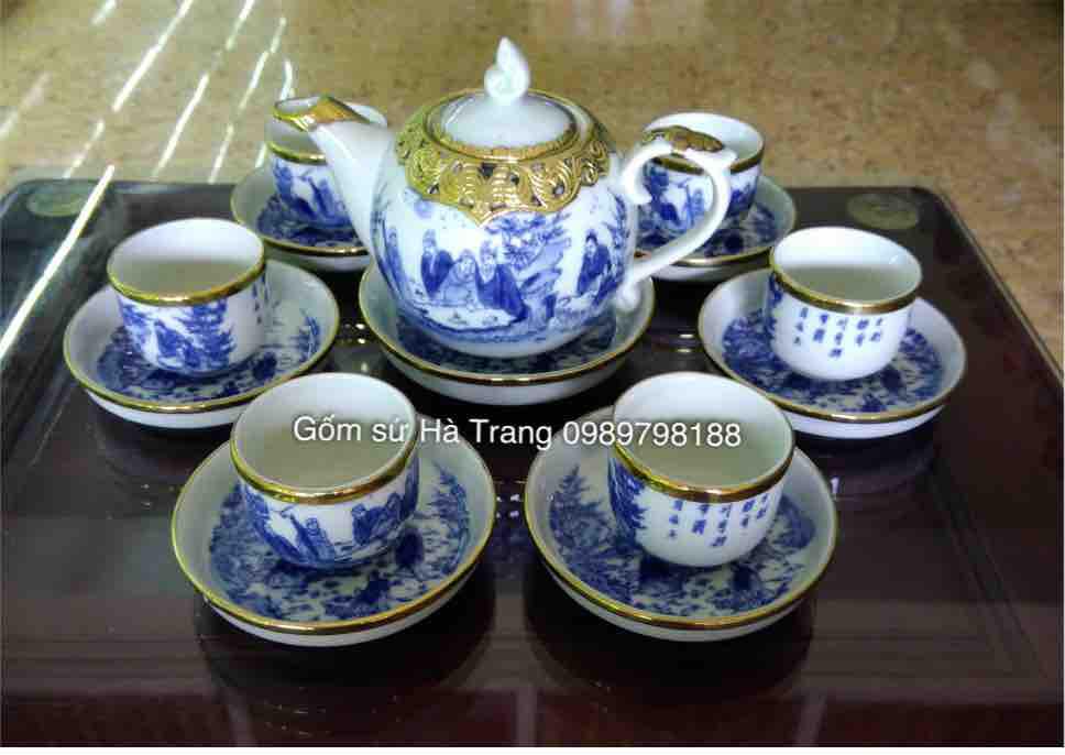 Bộ ấm chén trúc lâm thất hiền bọc đồng gốm sứ Bát Tràng dáng ấm chóp lửa