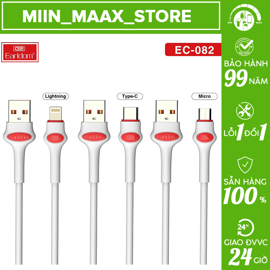 🟩miin_maax_store🟩 cáp sạc chính hãng earldom dài 1m hỗ trợ sạc nhanh 2.4a 3 kiểu cổng lightning / ss/ type c ec-082