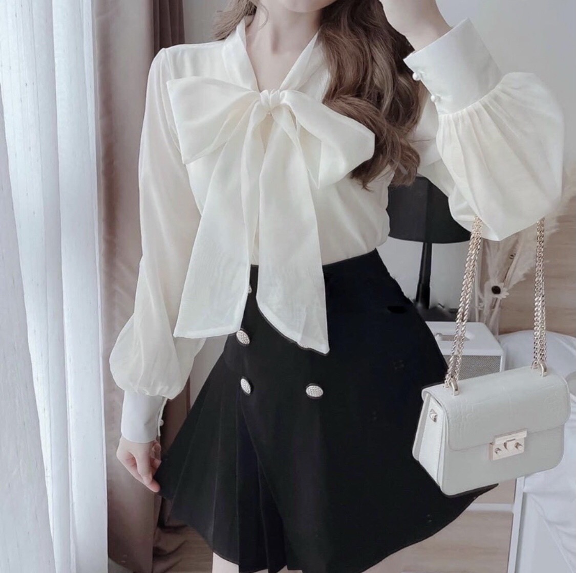 Áo sơ mi voan tiểu thư 2 lớp cổ nơ khuy ngọc