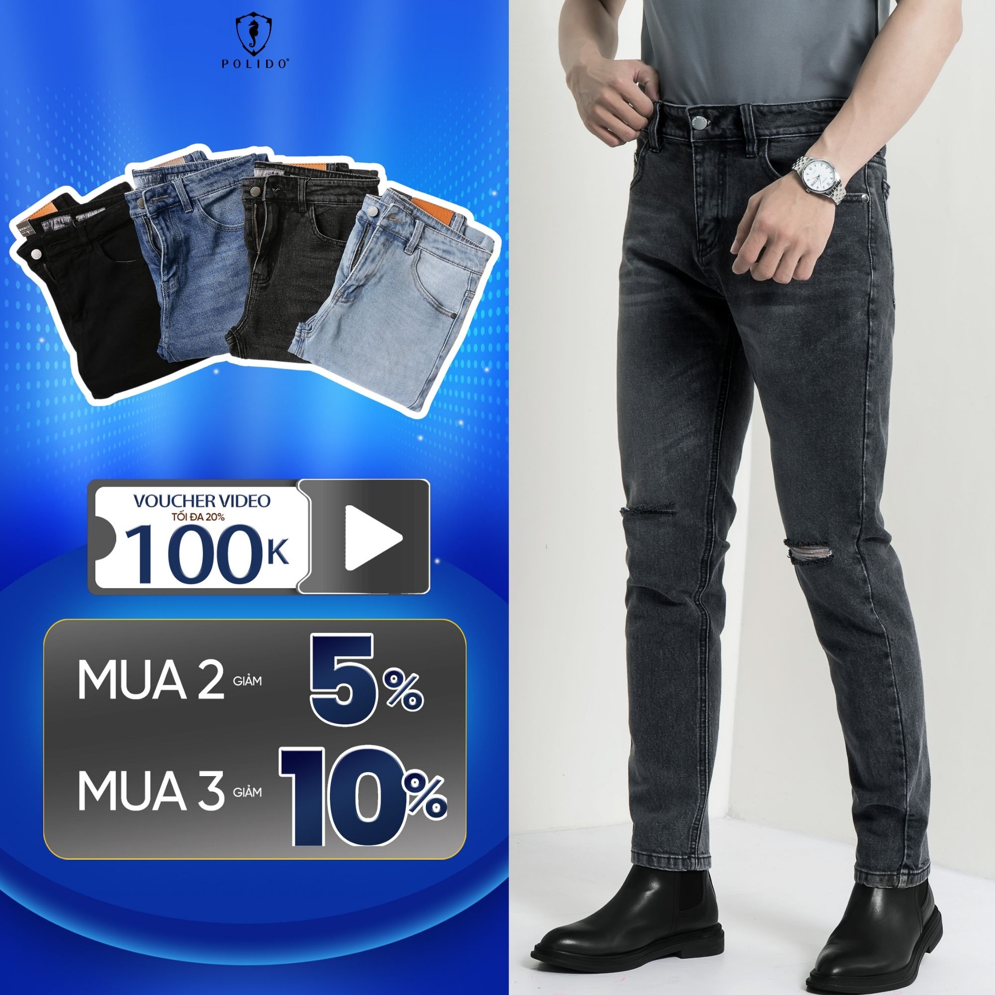 Quần Jeans Nam Trơn Rách Gối Đen Form Slimfit Chất Vải Cao Cấp Dày Dặn