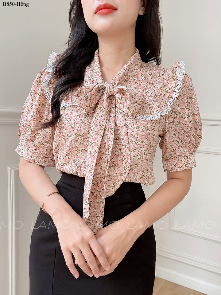 B850 áo sơ mi hoa nhí cột nơ xinh xắn