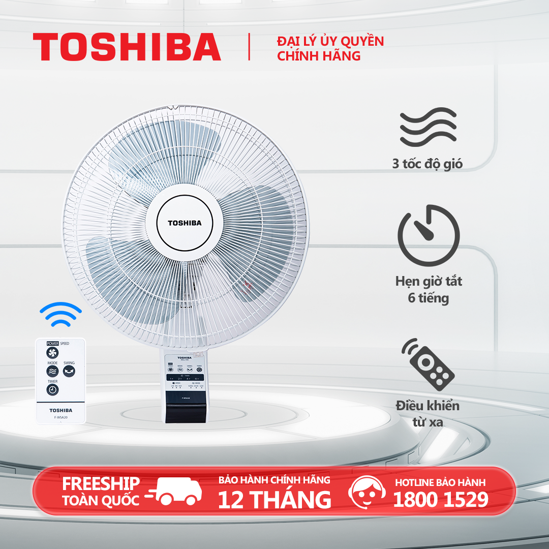 Quạt treo tường Toshiba F-WSA20(H)VN - Điều khiển từ xa - Hẹn giờ tắt - Hàng chính hãng bảo hành 12 tháng chất lượng Nhật Bản
