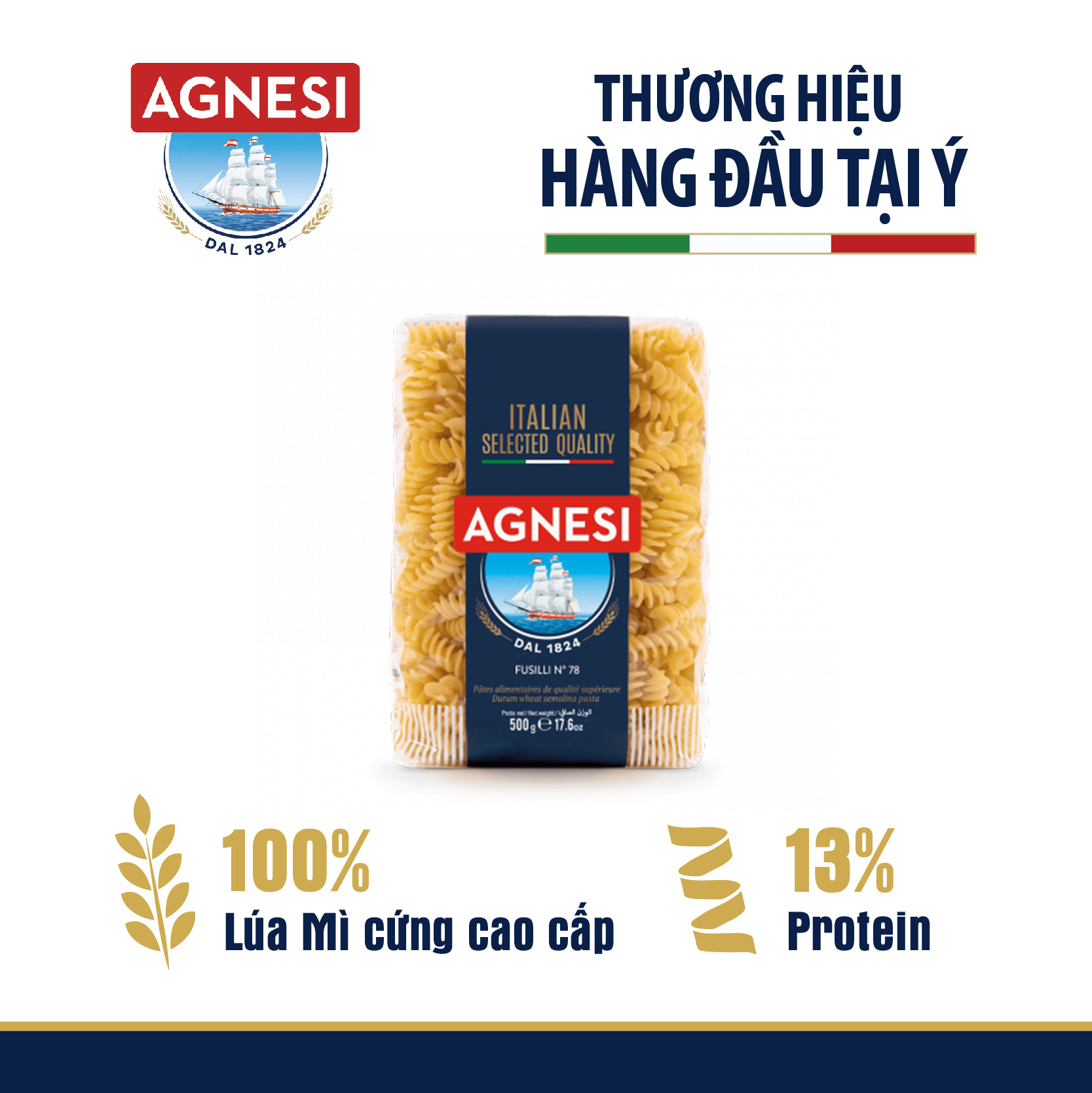 Nui xoắn cao cấp Fusilli Agnesi Ý 500g nấu ngon với sốt mì ý bò bằm Bolognese, nui xoắn cho bé