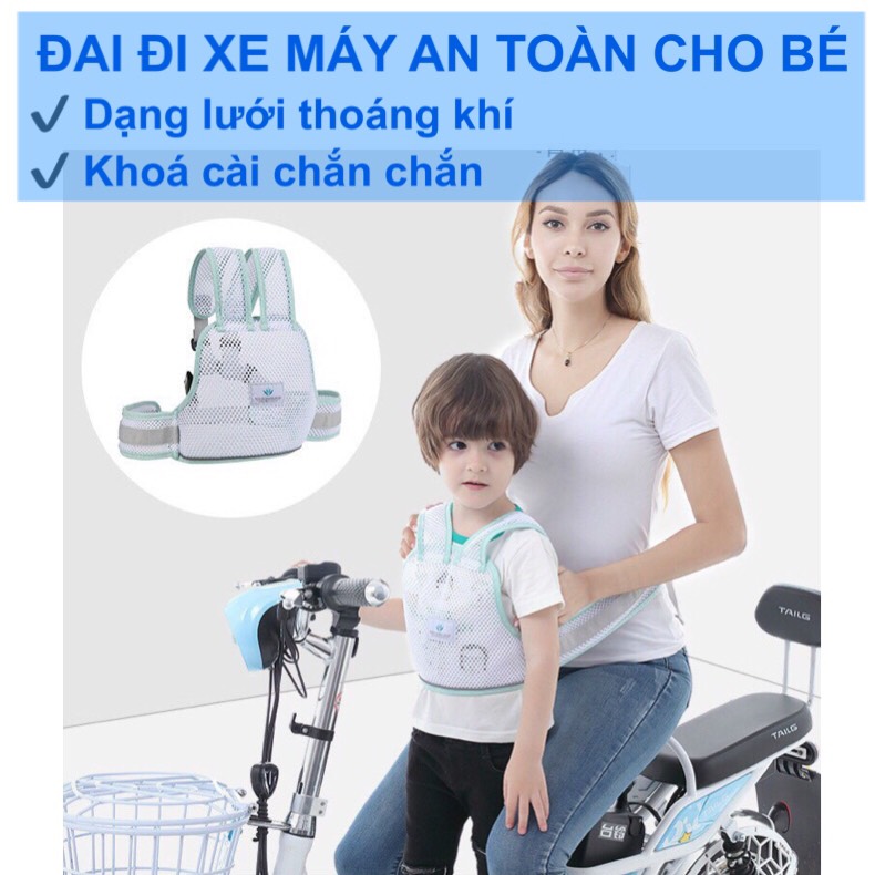 Đai ba lô đi xe máy an toàn cho bé dạng lưới thoáng mát khoá cài chắc chắn