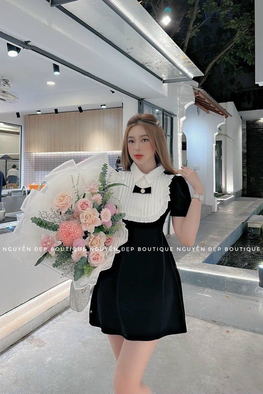 Đầm phối bèo dập ly đính nơ cực xinh