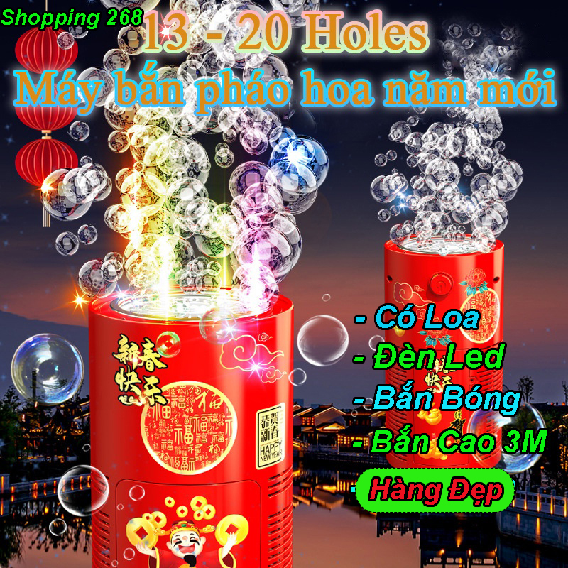 Máy tạo bong bóng xà phòng tự động - máy thổi bong bóng tự động kiểu pháo hoa, có đèn led, kiêm loa vui nhộn, máy bắn bong bóng chúc mừng năm mới, tầm bắn cao 3m, máy bắn bong bóng pháo hoa chúc mừng năm mới, máy bắn bong bóng