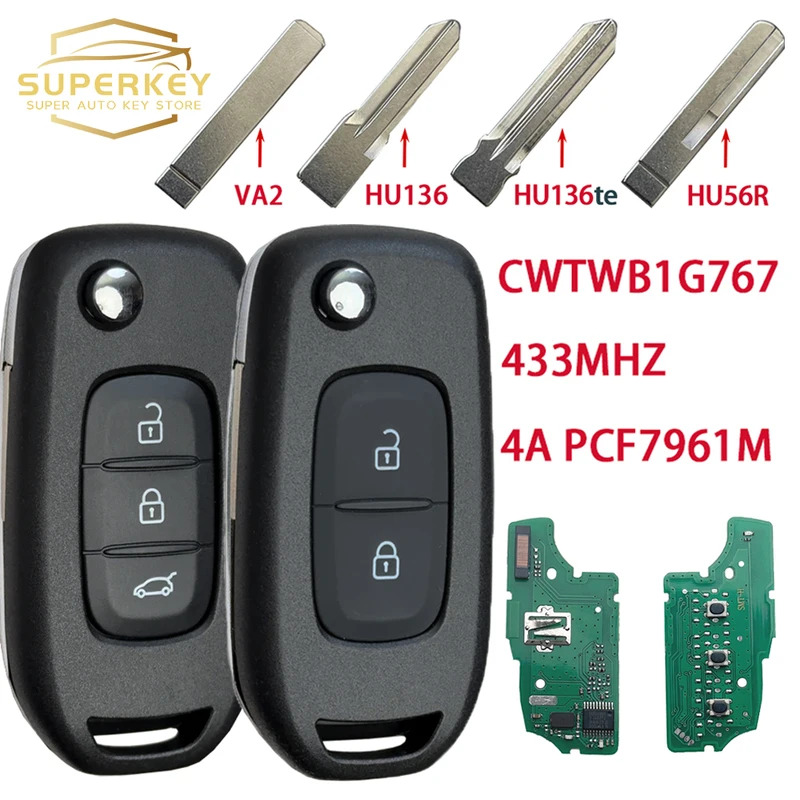 Khóa thông minh SUPERKEY cho Renault Megane3 Logan2 Kadjar Captur Symbol Dacia Duster, chip 4A 433MHZ PCF7961M, khóa xe lật thông minh CWTWB1G767