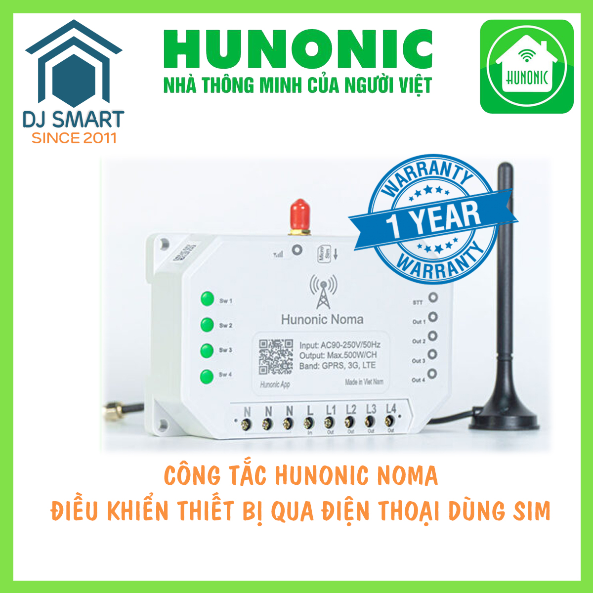 Công tắc Hunonic Noma 4 kênh – Điều khiển mọi thiết bị từ xa qua điện thoại dùng sim - CHÍNH HÃNG BH 1 ĐỔI 1 TRONG 12 THÁNG