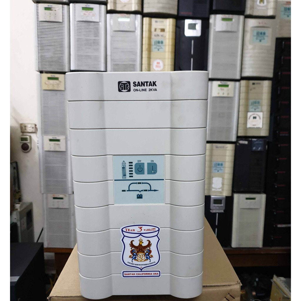 Bộ lưu điện ups online Santak 2kva; ups santak online 2000va máy cũ main mạch zin nguyên bản, máy vừa được thay thế 08 bình ắc quy mới bảo hành trọn bộ 12 tháng