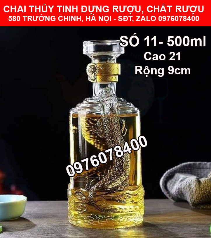 Combo 2 vỏ chai thủy tinh đựng rượu 500ml, bình ngâm rượu 500ml, chai đựng rượu cao cấp hoa văn rồng thần