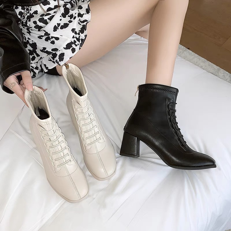Bốt nữ cao cổ 6331 giày boots da mềm lót nỉ kéo khóa sau mũi vuông gót cao 7 cm boot lửng ulzzang hàn quốc hot 2023