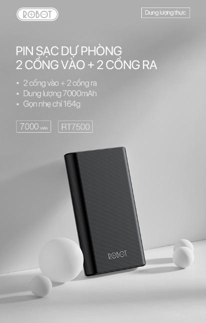 Pin sạc dư phòng 7000mAh Robot RT7500 Công suất 12w 2 cổng sạc vào 2 đầu ra USB nhỏ gọn
