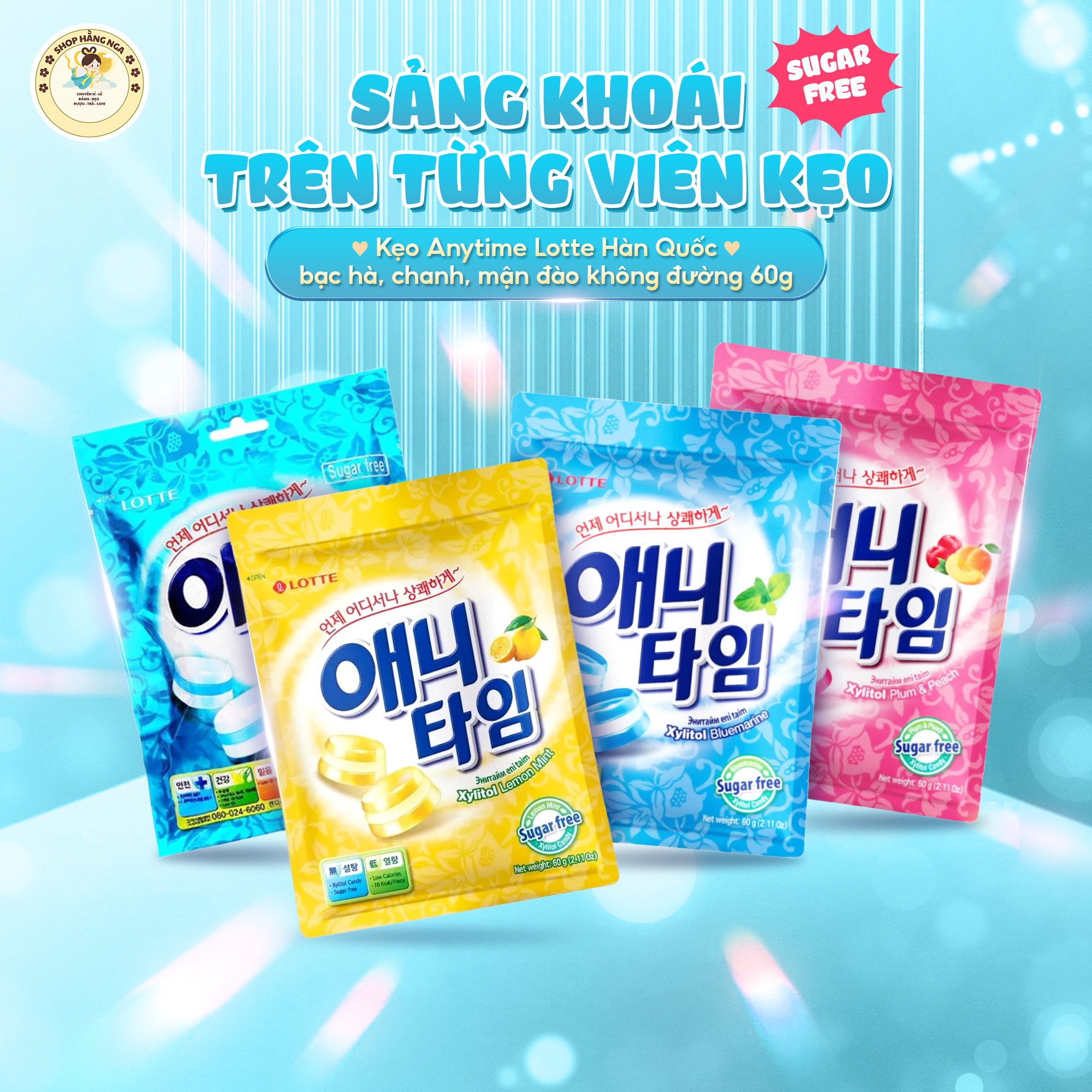 Kẹo ANYTIME Hàn Quốc bạc hà , chanh , mận đào không đường 60g (14 viên)
