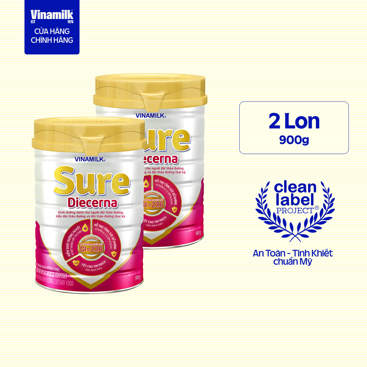 [Có thể nhận Bao bì Cũ/Mới] Combo 2 lon Sữa bột Dành cho người tiểu đường Vinamilk Sure Diecerna 900g