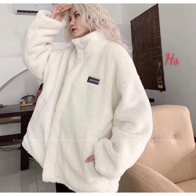Áo lông trắng cổ cao logo ons 🦋 áo khoác nữ khoá kéo dài tay dáng rộng 🦋