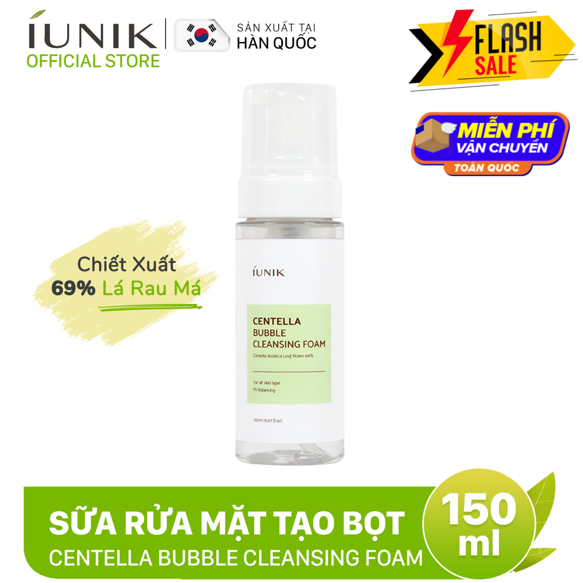 Sữa rửa mặt tạo bọt chiết xuất rau má IUNIK Centella Bubble Cleansing Foam 150ml